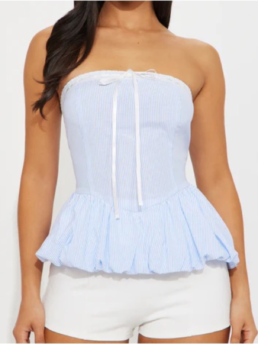Fashion Nova Light Blue & White Strapless Peplum Camisole